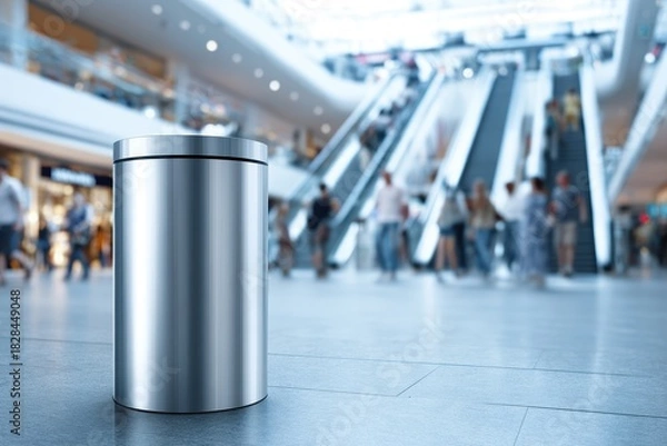 Fototapeta Modern metallic trash can stands in busy shopping mall near escalators during daytime