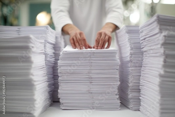 Fototapeta Stacks of white paper being organized by hands in a bright workspace during a busy office day
