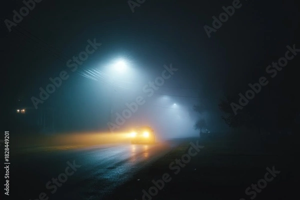 Fototapeta Nighttime drive through thick fog with streetlights illuminating the road ahead