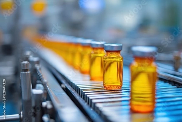 Fototapeta Bright orange vials move along production line in a modern manufacturing facility during a quality control inspection