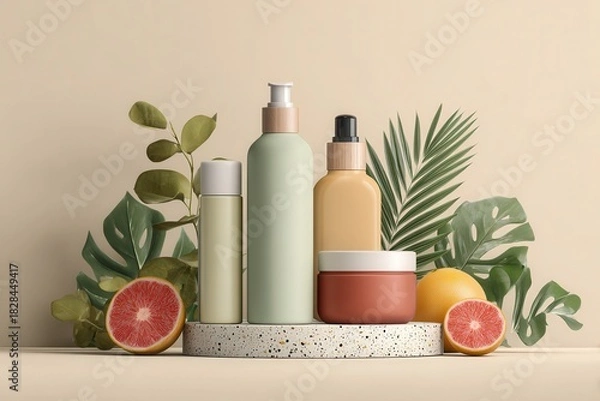 Fototapeta Natural skincare products displayed artistically with fresh fruits and greenery on a neutral background