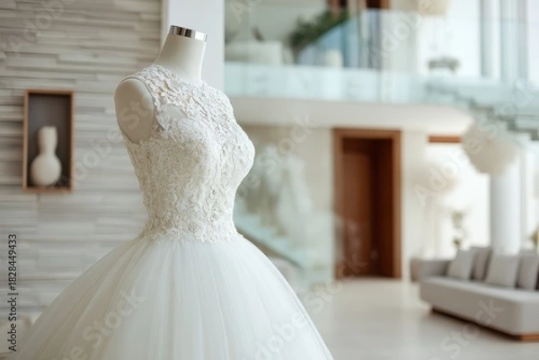 Fototapeta Elegant bridal gown displayed in a modern venue showcasing sparkling designs and intricate lace details