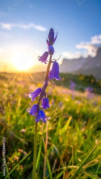 Fototapeta Sunrise illuminates vibrant bluebell flower in a meadow, with mountain range in the background