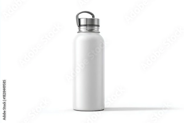 Fototapeta Simple stainless steel water bottle standing on a white background in a well-lit space showcasing its sleek design