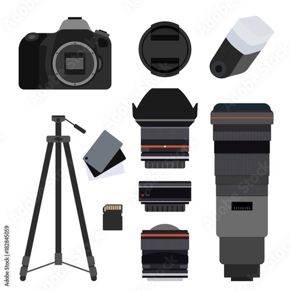 Obraz Sprzęt fotograficzny zestaw ilustracji wektorowych płaski.