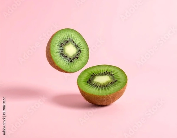 Fototapeta Two kiwi halves hovering over a pink background