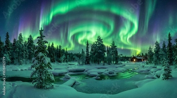 Fototapeta Majestic Aurora Borealis Display Over a Wintery Landscape with Evergreen Trees and Snow