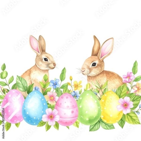 Fototapeta Watercolor illustration of two bunnies with decorated Easter eggs and flowers