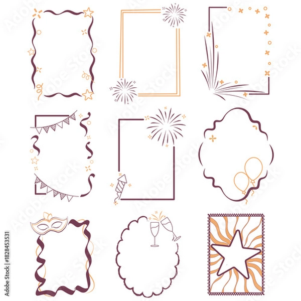 Fototapeta Set of New Year Party Elegant Frames, hand-drawn borders with Fireworks, Confetti, Balloon, Glass, and Star Ornament.