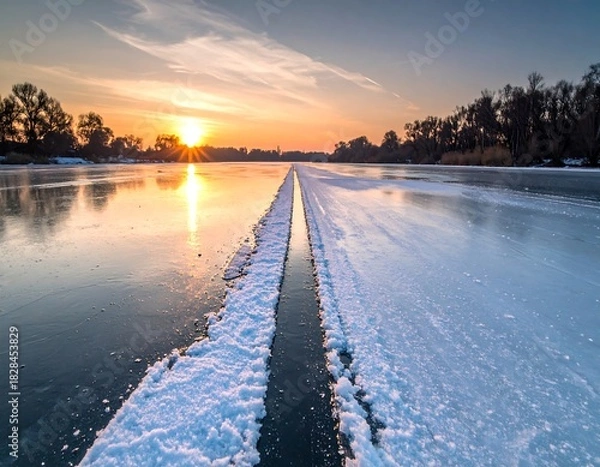 Fototapeta Sunrise over frozen lake, a path cleaved into the ice with a radiant sun's glow
