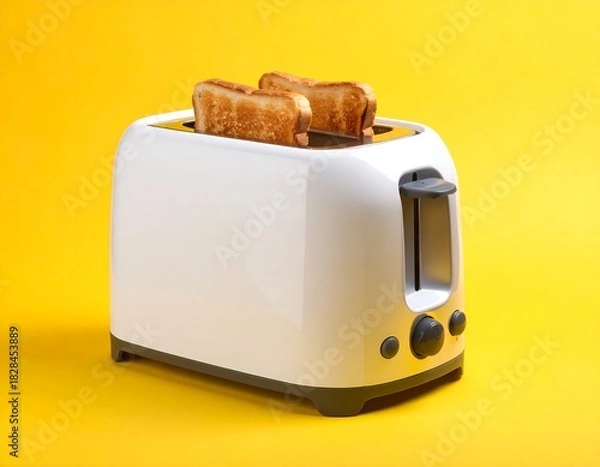 Fototapeta White toaster with two slices of golden-brown toast on yellow background