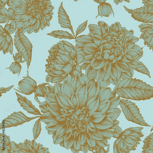 Fototapeta Vector floral seamless pattern with hand drawn dahlias