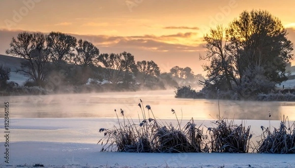 Fototapeta Sunrise over serene lake with frost-covered vegetation, trees, and rolling hills