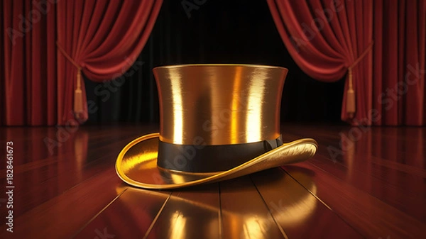 Fototapeta Golden Top Hat on Wooden Stage, Theatre day performance, Red Curtains, Reflective Floor, Dramatic Lighting