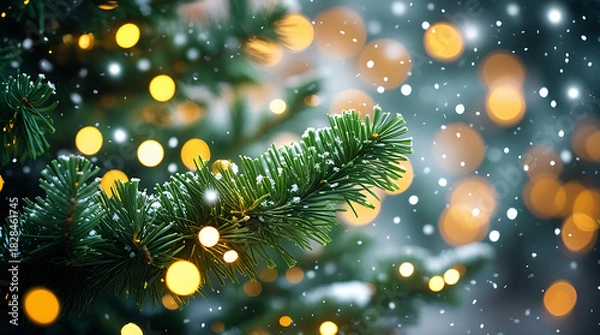 Fototapeta Christmas tree branch with golden bokeh lights and falling snow, Festive Holiday Decoration