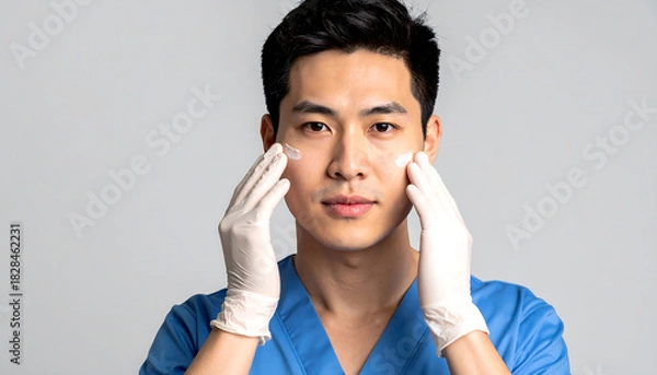 Obraz Handsome Asian Man in Medical Attire Applying Skincare Product, Focus on Healthy Skin and Beauty Treatment