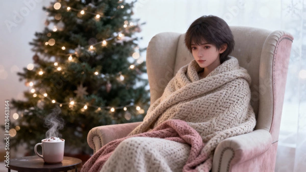 Obraz Soft winter illustration of a girl wrapped in a knitted blanket, sitting in a comfortable armchair near a decorated Christmas tree with warm lights. Calm cozy atmosphere, hot drink on the table, peace