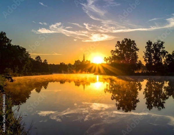 Fototapeta Sunrise over serene lake with trees, silhouette of distant church, and sun rays beaming
