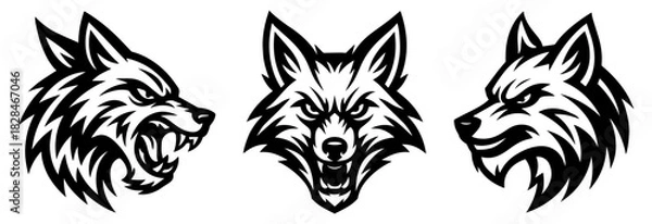 Fototapeta Stylized Fox Head Illustrations in Bold Black and White – Fierce Animal Graphics Featuring Snarling, Intense, and Confident Expressions for Mascots, Emblem, Tattoos, Logos, and Tribal-Inspired Design 