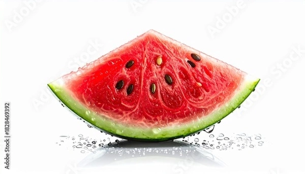 Fototapeta A close-up view of a juicy slice of watermelon with seeds and water droplets on a white background.