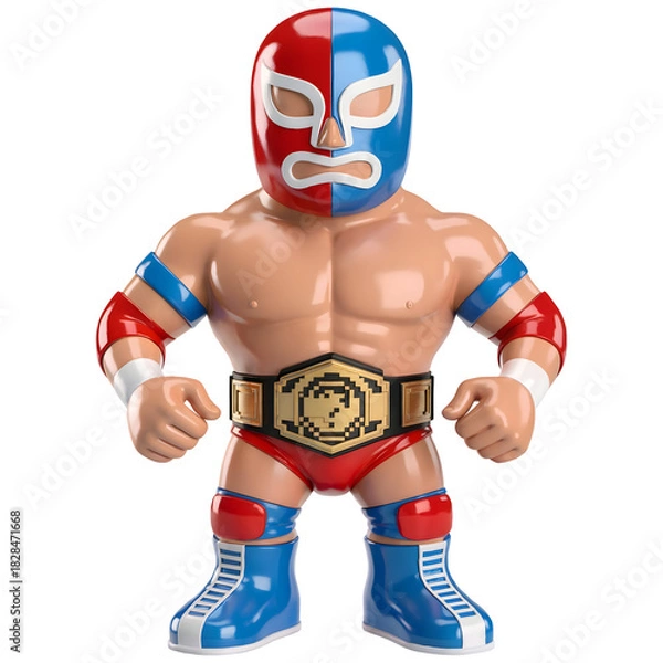 Obraz Wrestler character with red and blue mask and championship belt featuring a question mark isolated on transparent background
