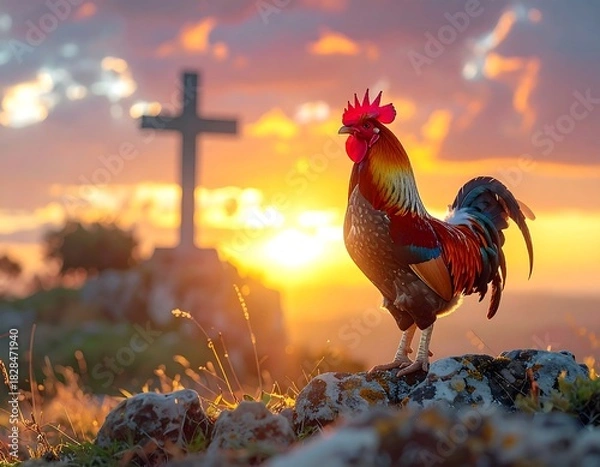 Fototapeta Sunrise scene of a rooster standing on rocks with a cross silhouetted by the sun