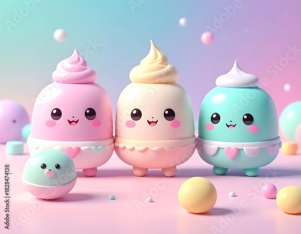 Obraz Three pastel-colored dessert characters with smiling faces, surrounded by treats