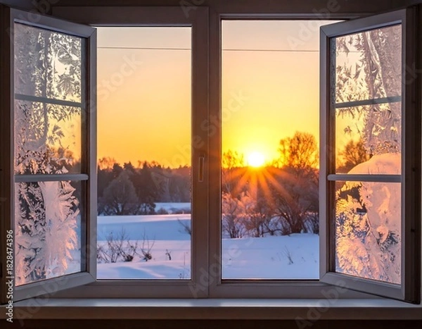 Fototapeta Sunrise view through an open window, revealing a snowy winter landscape and the radiant sun