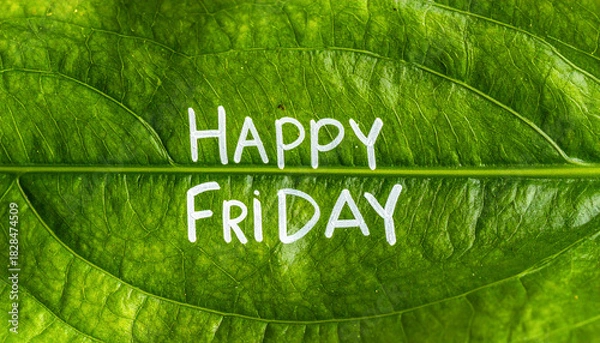 Fototapeta green leaf with “Happy Friday” gently written using white paint pen