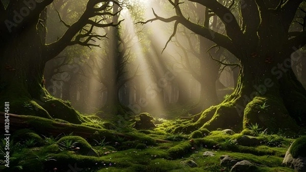 Fototapeta Enchanted Forest Sunlight Through Ancient Trees and Mossy Ground