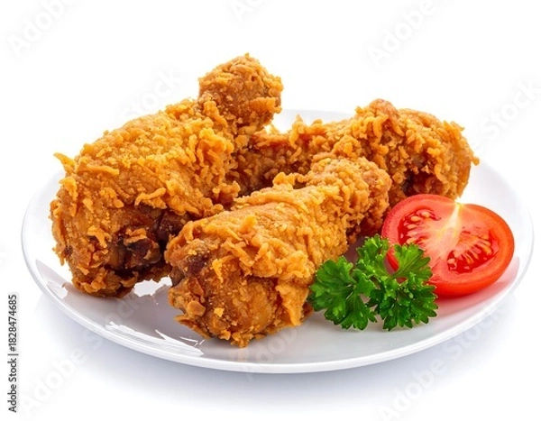 Obraz Three pieces of golden fried poultry on white plate, tomato slice, parsley garnish