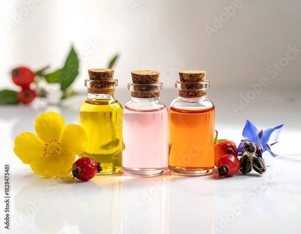 Obraz Three small glass vials filled with colorful liquids, corked, with floral accoutrements