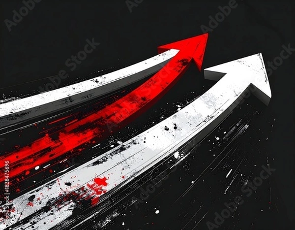 Obraz Three stylized arrows, red and white, point towards the upper right