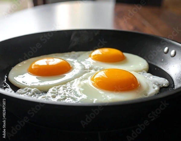 Obraz Three sunny-side-up eggs frying in a dark pan on a wooden surface