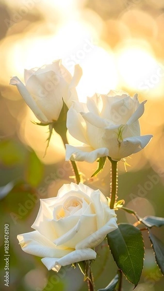 Obraz Three white roses bathed in warm sunlight against a soft bokeh backdrop