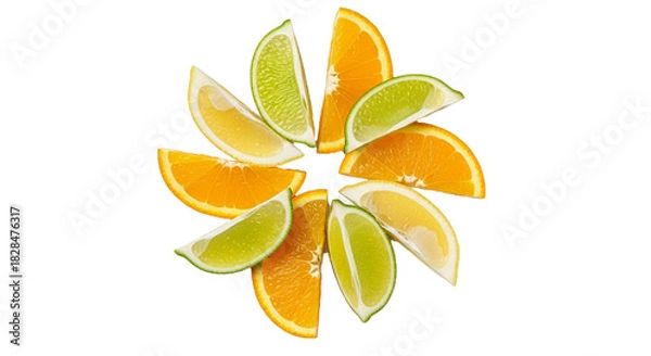 Fototapeta Arrangement of fresh orange and lime slices on a black background