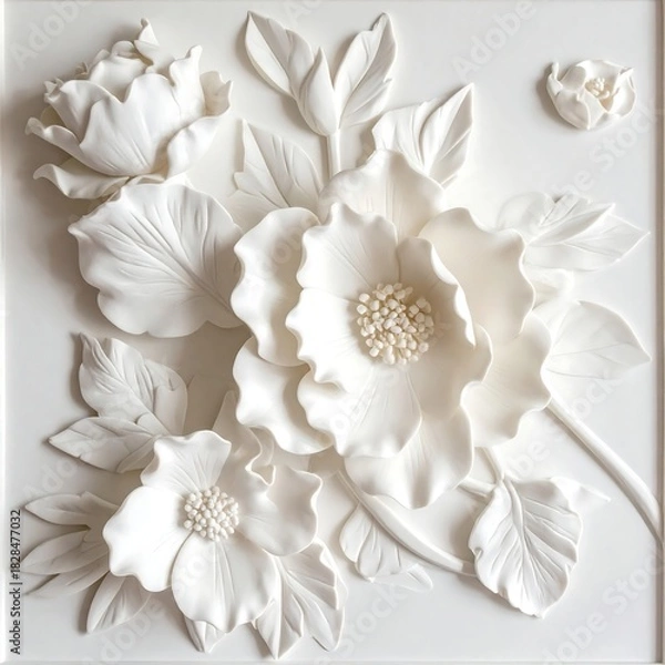 Obraz Three-dimensional white flower relief sculpture on a square background