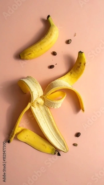 Obraz Top-down shot of peeled banana, seeds, and an unpeeled one on pink