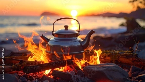 Fototapeta Metal kettle heating over open campfire in mountainous sunset setting—flames flicker beneath, sky glows above, symbolizing warmth, solitude, and the ritual of tea in nature’s embrace.