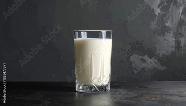 Fototapeta Faceted clear glass filled with milk on dark marbled surface, softly lit against moody background—symbolizing purity, nourishment, and minimalist elegance in everyday domestic rituals.