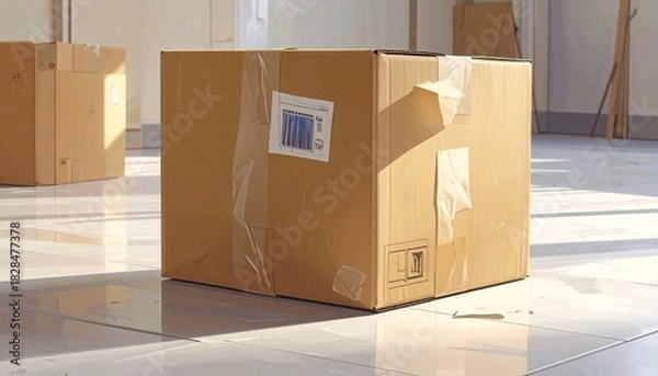 Fototapeta Large cardboard box sealed with tape and labeled with barcode—placed on tiled floor in sunlit room, surrounded by other boxes—symbolizing logistics, movement, and the architecture of transition.