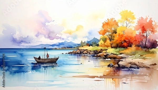Fototapeta Watercolor painting of serene lake surrounded by autumn trees and distant mountains—reflections ripple under warm sky of orange, pink, and yellow, evoking seasonal change and tranquil beauty.