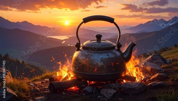 Fototapeta Metal kettle heating over open campfire in mountainous sunset setting—flames flicker beneath, sky glows above, symbolizing warmth, solitude, and the ritual of tea in nature’s embrace.