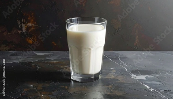 Obraz Faceted clear glass filled with milk on dark marbled surface, softly lit against moody background—symbolizing purity, nourishment, and minimalist elegance in everyday domestic rituals.