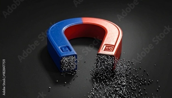 Fototapeta U-shaped horseshoe magnet with red and blue poles labeled “N” and “S,” surrounded by clustered iron filings—symbolizing magnetic force, polarity, and the invisible structure of attraction.