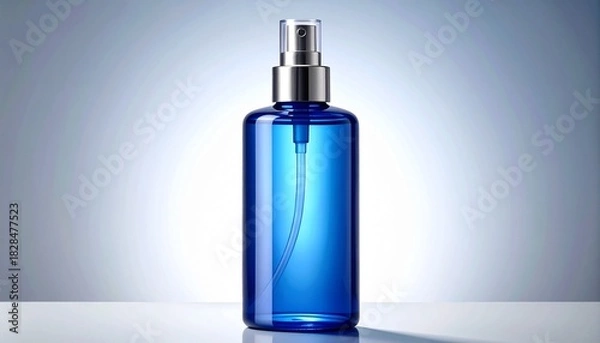 Fototapeta Modern blue glass spray bottle with silver pump, transparent outer layer and deep blue core—set against light gradient background, symbolizing elegance, purity, and minimalist product design.