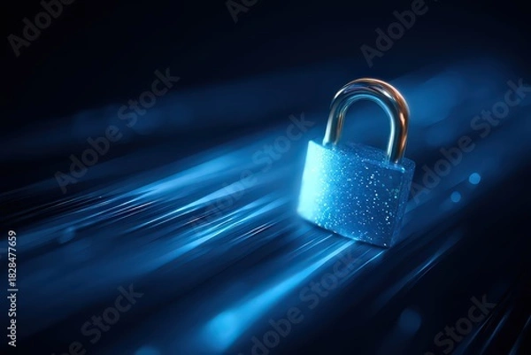 Obraz Close Up of Security Padlock on Fiber Optic Cables Against a Dark Background in Blue Lighting Data Protection Concept