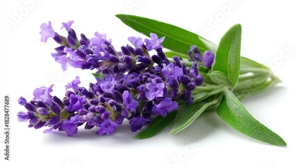 Obraz Closeup of Lavender Flowers with Green Leaves on White Background in Soft Lighting, Purple Floral Aroma Beauty Concept Studio Shot Detailed