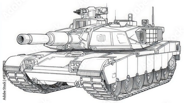 Obraz Detailed Line Drawing of Military Tank with Large Gun and Tracked Wheels Against White Background
