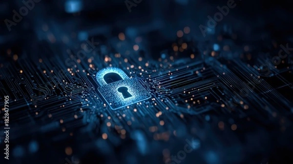Obraz Glowing Padlock Icon on Digital Circuit Board in Dark Background Demonstrating Cyber Security